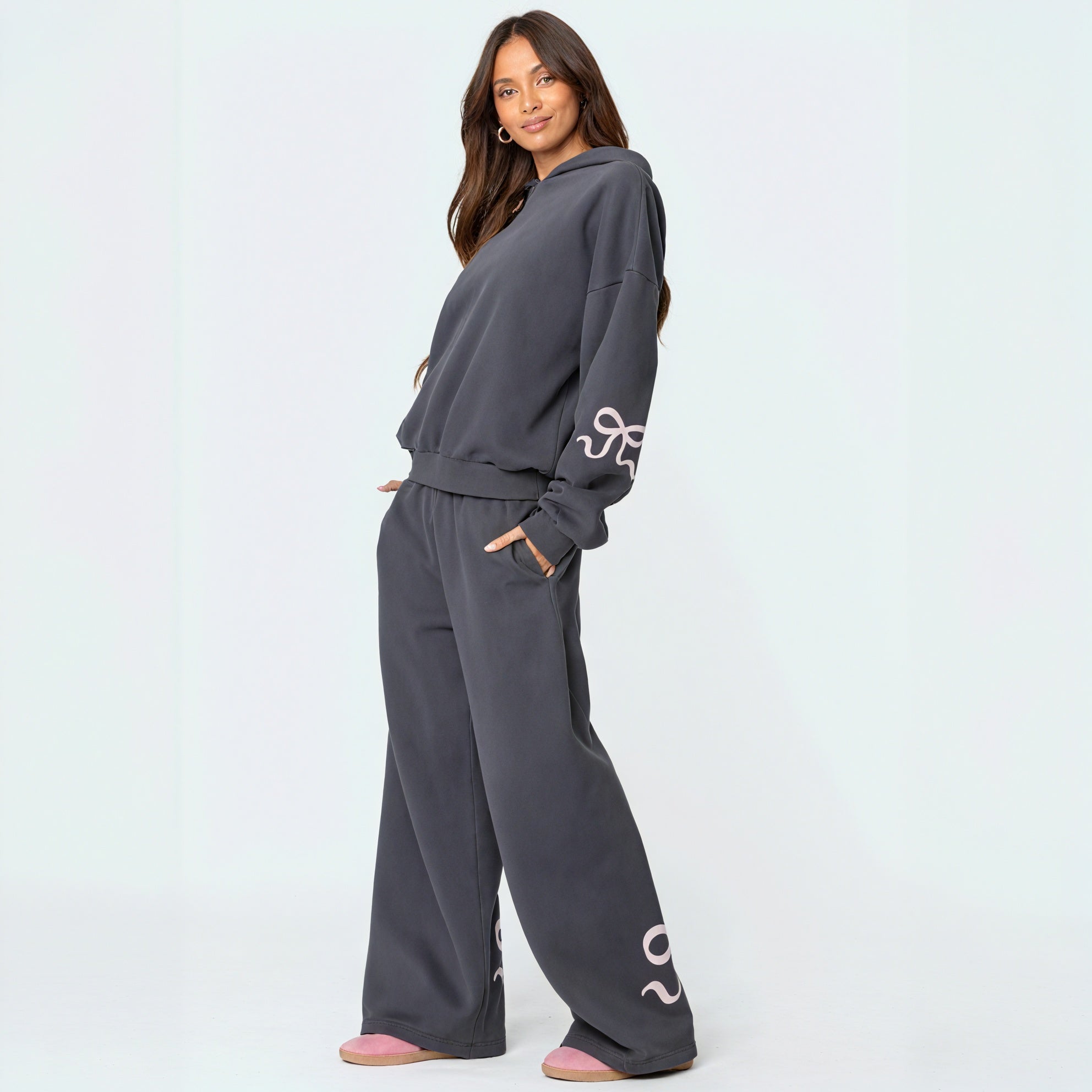 Women's Gray Oversized Hoodie & Sweatpants Set – Cotton Blend Athleisure with Decorative Sleeves-77871-653dcbfe-6d26-44df-8bc8-62dfc516ffa2