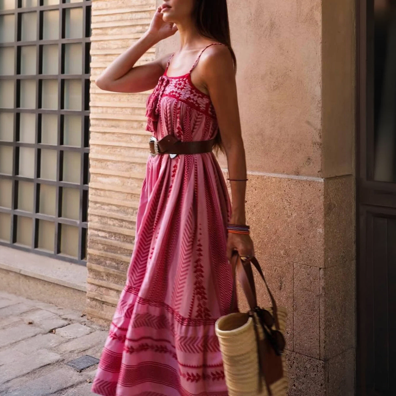 Women's Maxi Dress – Pink Cotton Embroidered Tiered Bohemian Style-78217-0b274d25-5bed-4fe9-8f3d-3c040c59bbd5