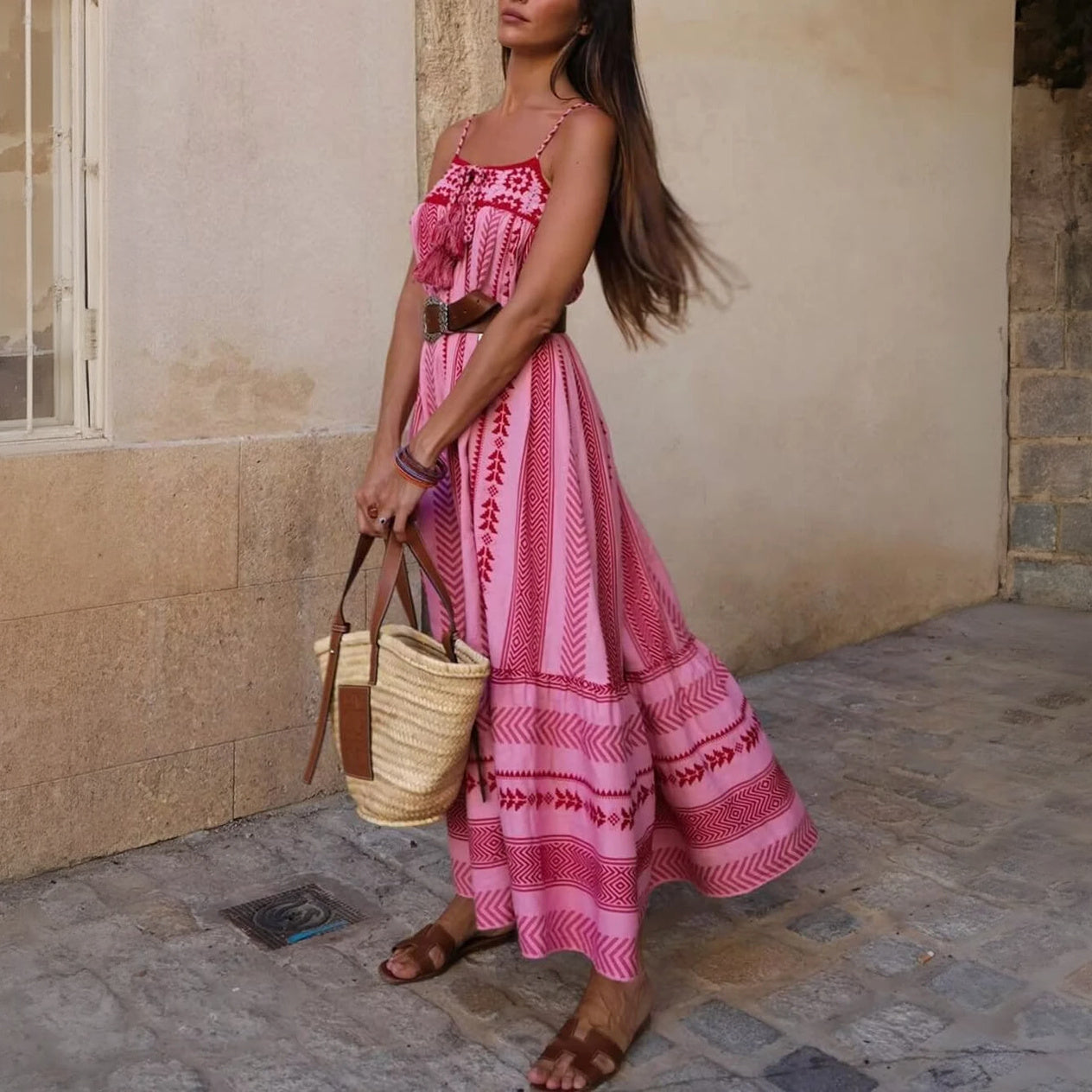 Women's Maxi Dress – Pink Cotton Embroidered Tiered Bohemian Style-78217-782d7e61-3fdf-425f-8db4-9754d3bcd64c