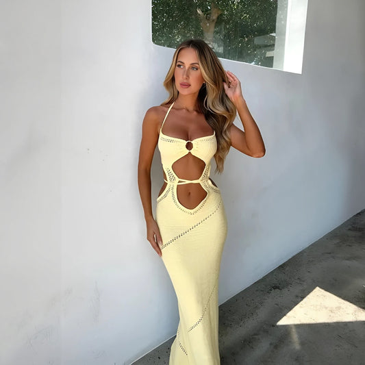 Women's Yellow Knitted Maxi Dress – Halter Neck, Cutout, Bohemian Chic-78218-c019b944-a84f-4c41-8e24-b51733d0a6fc