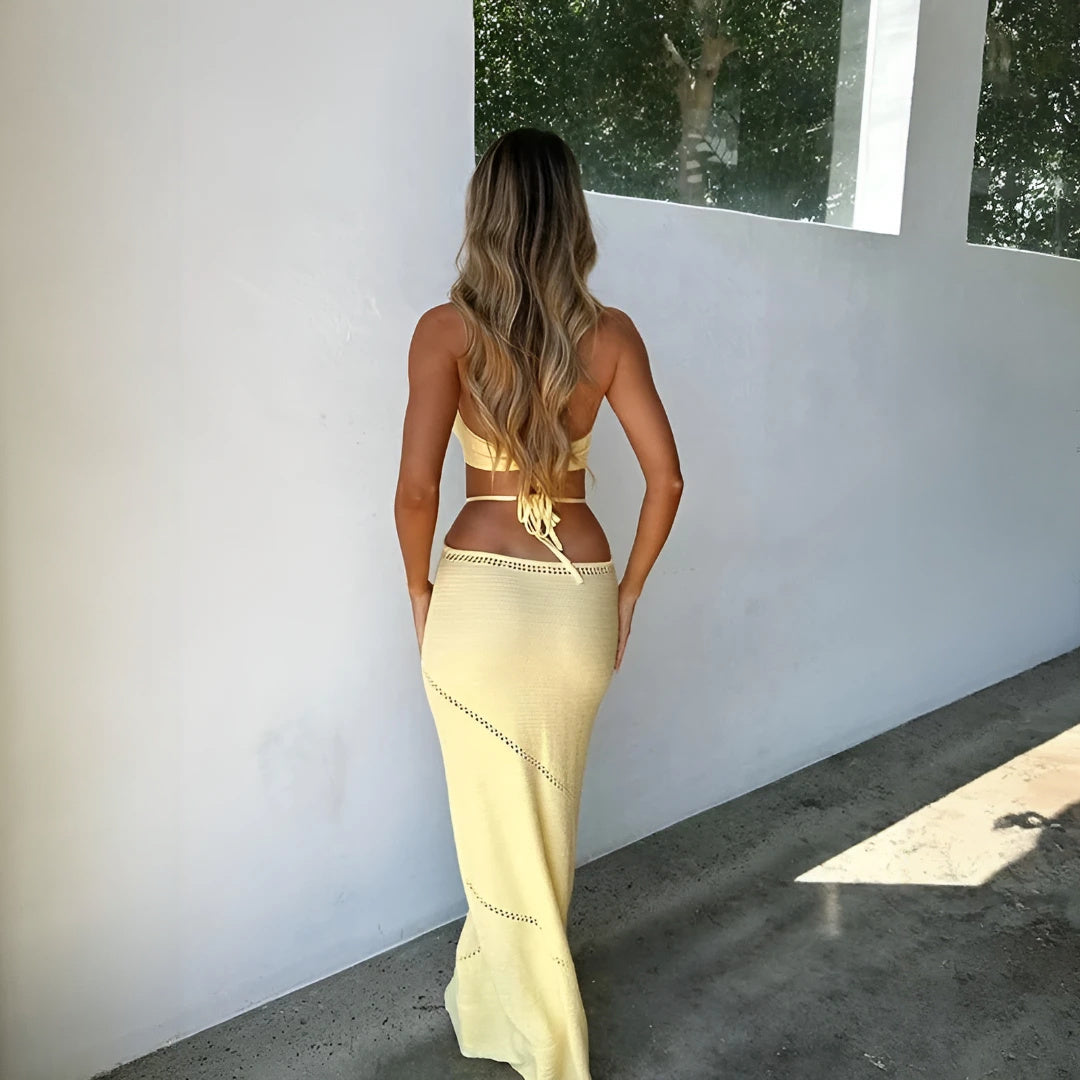 Women's Yellow Knitted Maxi Dress – Halter Neck, Cutout, Bohemian Chic-78218-ccc78691-2386-4d33-825e-9b1a243ce888