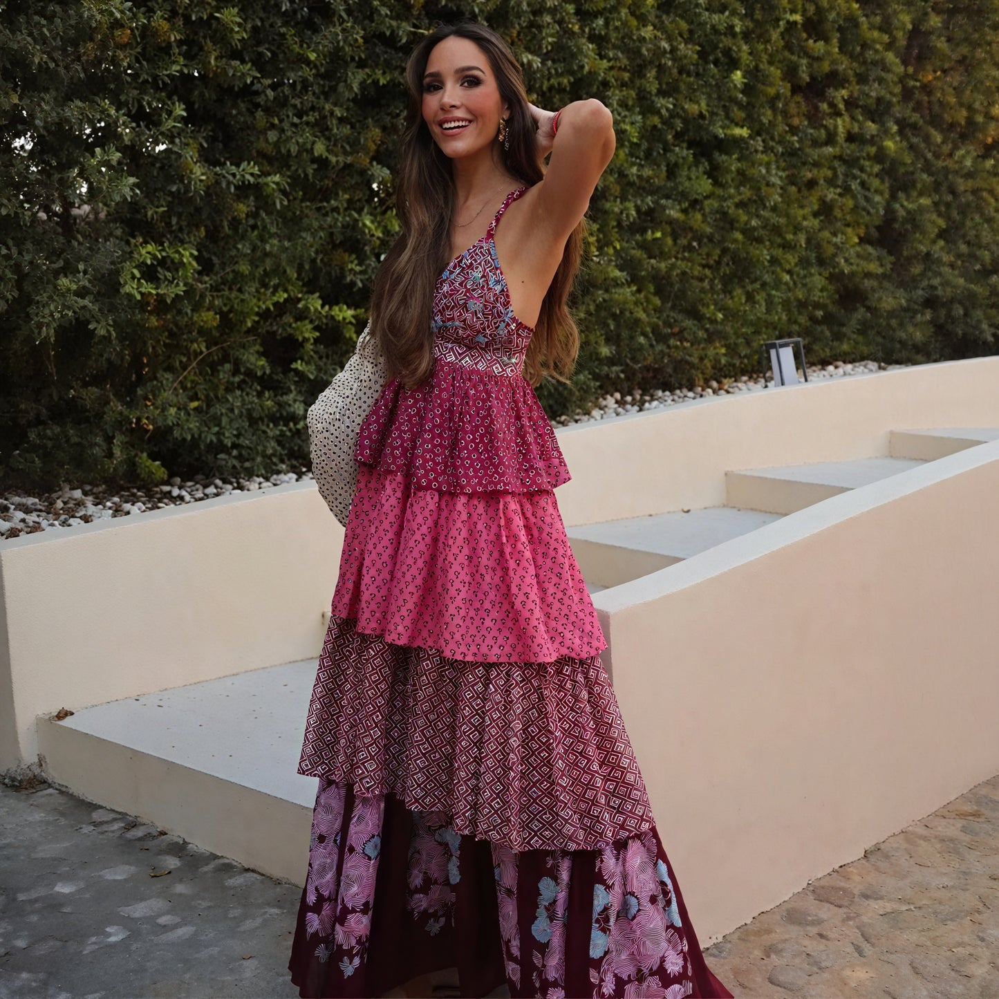 Women's Bohemian Maxi Dress – Red Halter Neck, Tiered Skirt, Mixed Print-78224-31a527ad-7b44-4a3a-82f6-c7c8c3a30e6b