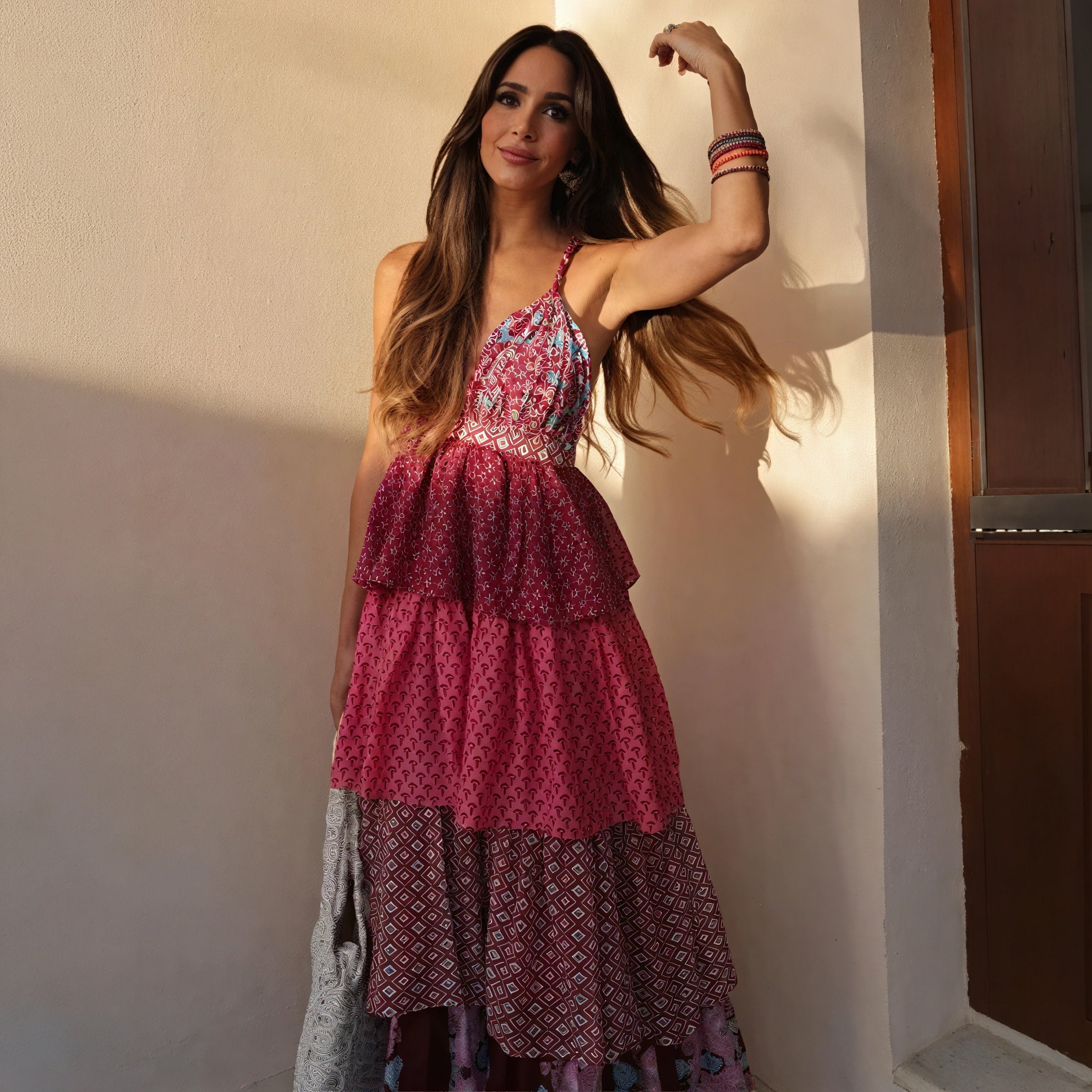 Women's Bohemian Maxi Dress – Red Halter Neck, Tiered Skirt, Mixed Print-78224-d8bca746-b6d6-45de-b933-f250671d91bc