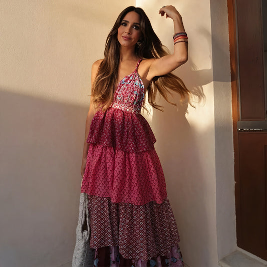 Women's Bohemian Maxi Dress – Red Halter Neck, Tiered Skirt, Mixed Print-78224-d8bca746-b6d6-45de-b933-f250671d91bc