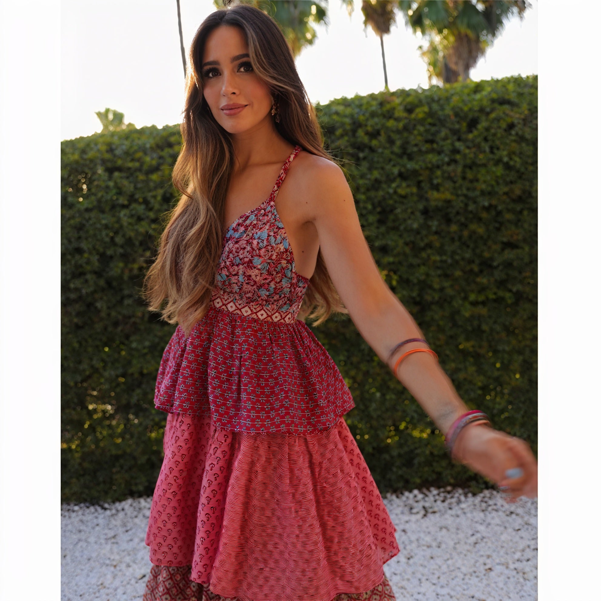 Women's Bohemian Maxi Dress – Red Halter Neck, Tiered Skirt, Mixed Print-78224-ca4d6273-ce5e-40f3-8483-ff32c69d299f