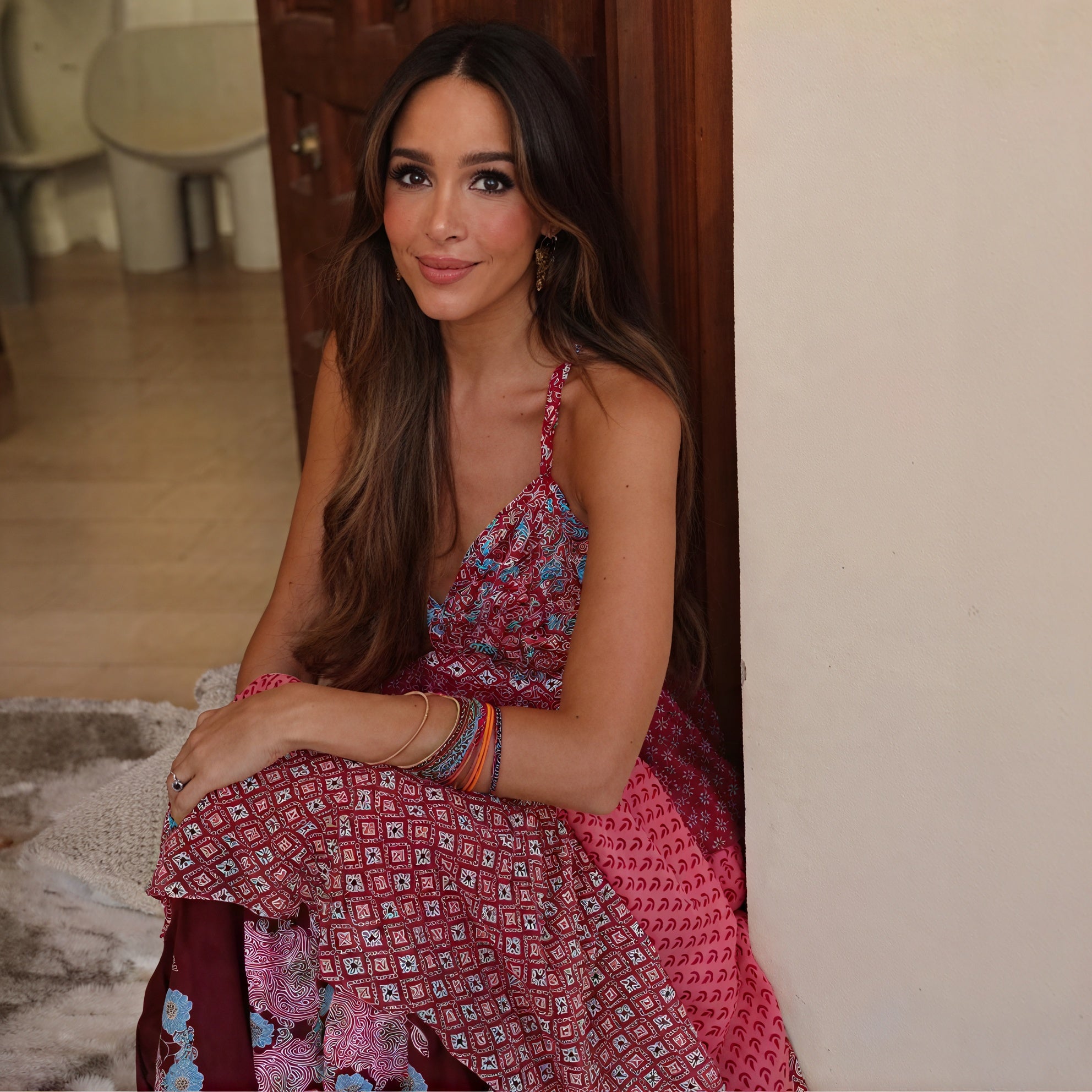 Women's Bohemian Maxi Dress – Red Halter Neck, Tiered Skirt, Mixed Print-78224-6702352e-ac3f-4eca-a77a-7e8bee34e505
