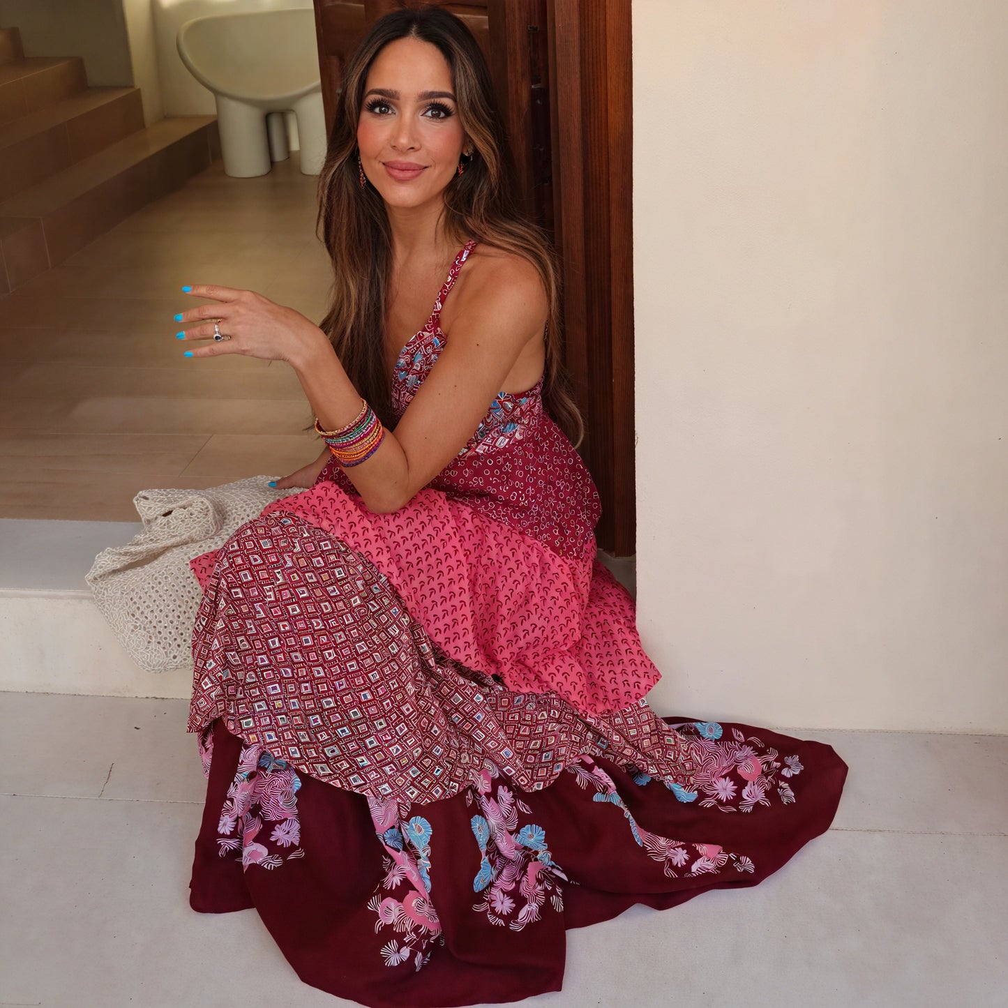 Women's Bohemian Maxi Dress – Red Halter Neck, Tiered Skirt, Mixed Print-78224-815f7c89-2fc2-471a-ae61-5159aadad51d