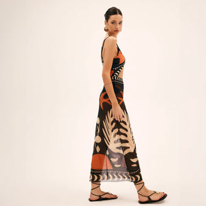 Women's Maxi Dress – Black Abstract Print, Keyhole Cutout, Sheer Polyester-78326-42e15ccd-8ed8-4002-8257-8c83d7dfd6e1