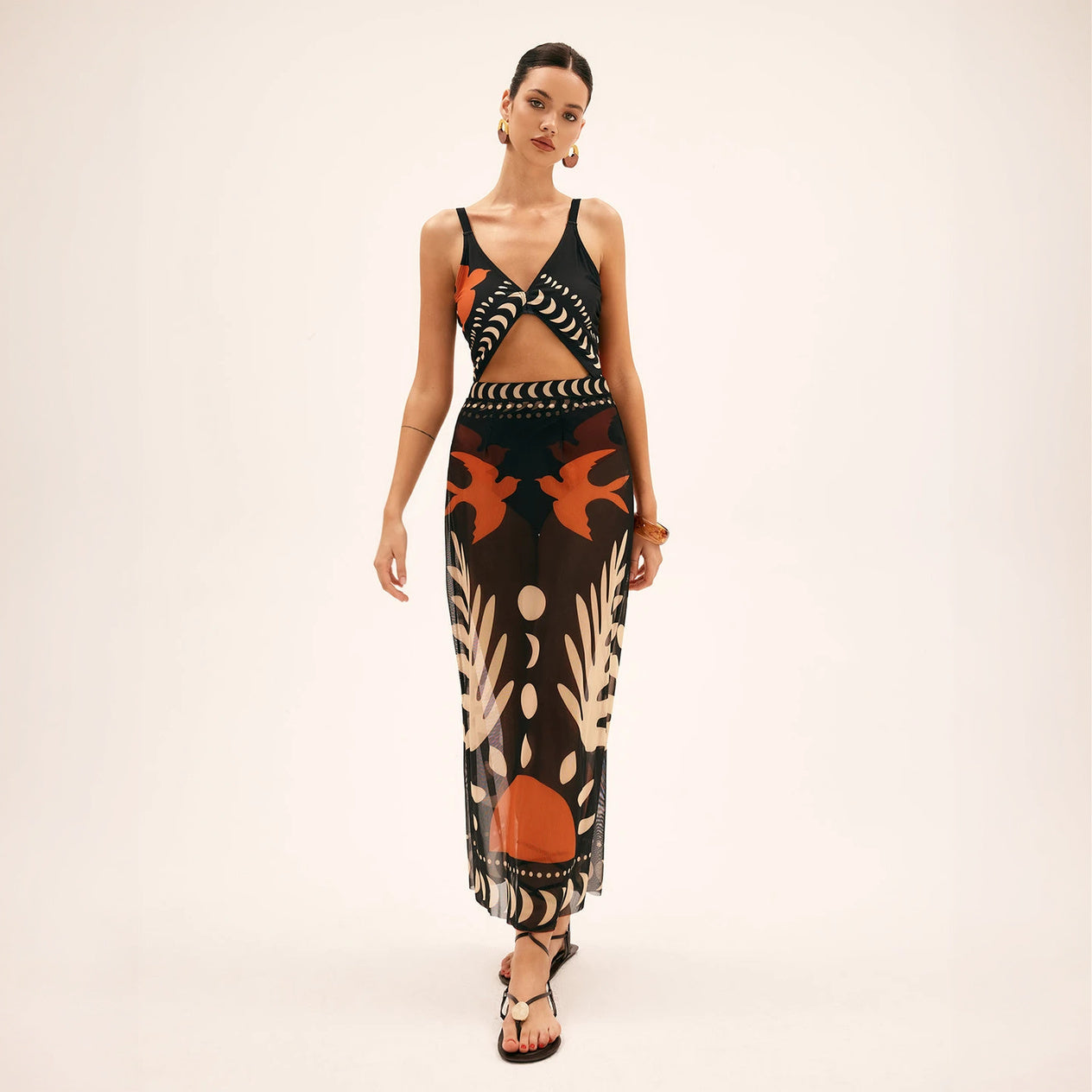 Women's Maxi Dress – Black Abstract Print, Keyhole Cutout, Sheer Polyester-78326-45a5e1d0-da5e-4e23-85b9-02e52e7569de