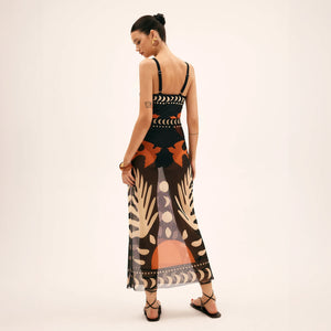 Women's Maxi Dress – Black Abstract Print, Keyhole Cutout, Sheer Polyester-78326-76b5f2d5-5b5e-45f3-9623-e2f398d57f32