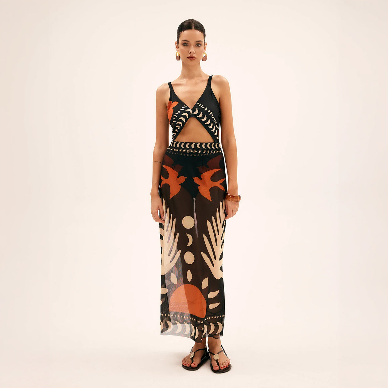 Women's Maxi Dress – Black Abstract Print, Keyhole Cutout, Sheer Polyester-78326-c488ba1c-2981-428d-a193-437772846f48