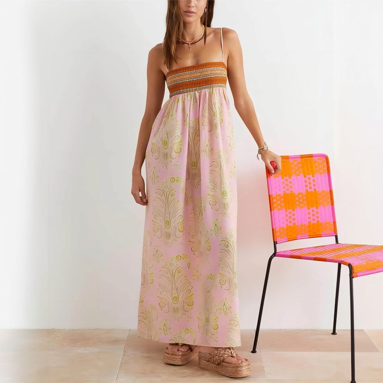 Women's Pink Maxi Dress – Woven Bodice, Patterned, Spaghetti Straps, Bohemian Chic-78360-c324ae1a-f5c4-46dd-9024-db40be812bfb
