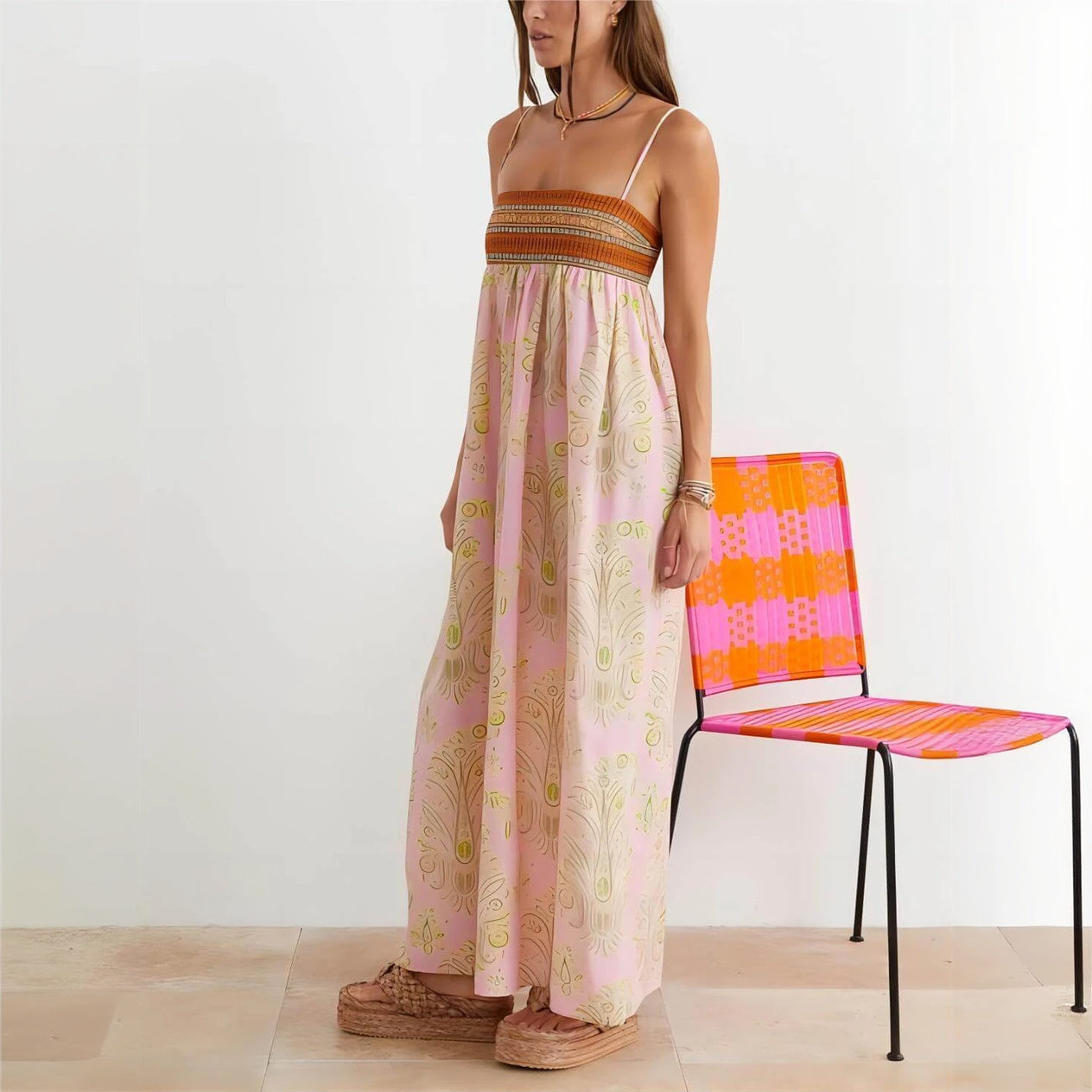 Women's Pink Maxi Dress – Woven Bodice, Patterned, Spaghetti Straps, Bohemian Chic-78360-7bf08ff9-ab85-4aa2-94d7-96185e624f8f