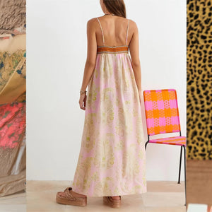 Women's Pink Maxi Dress – Woven Bodice, Patterned, Spaghetti Straps, Bohemian Chic-78360-a89f75ec-0518-4a75-bdd4-8ea641ca22ce