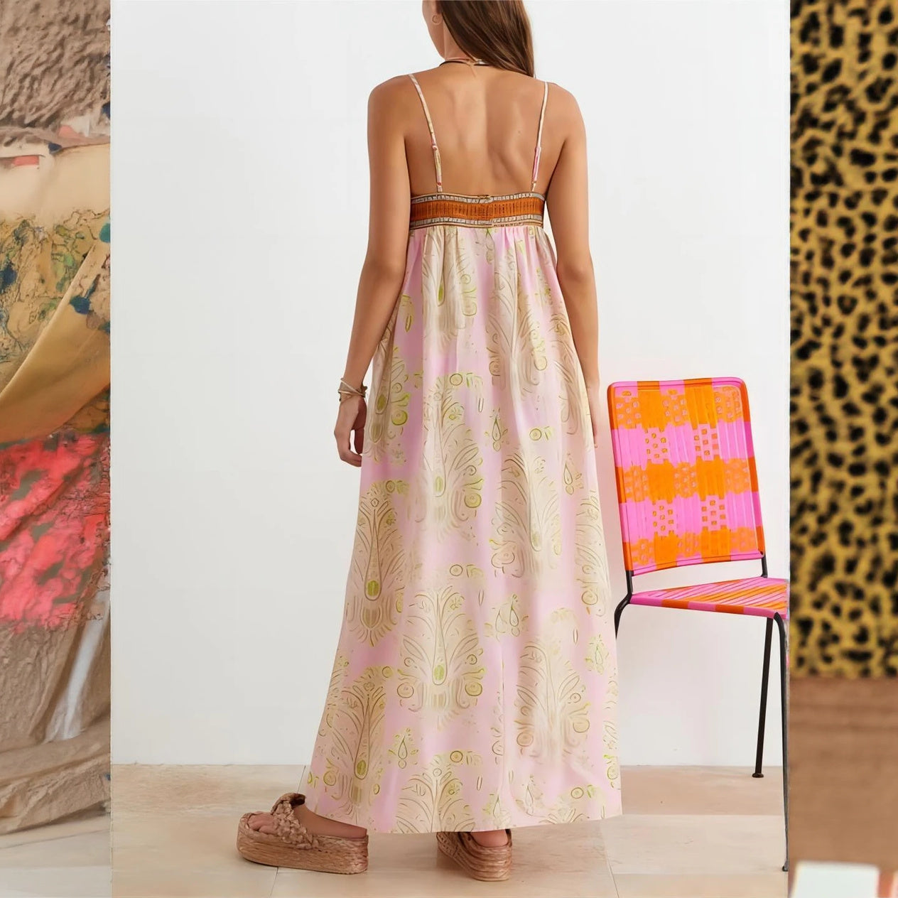 Women's Pink Maxi Dress – Woven Bodice, Patterned, Spaghetti Straps, Bohemian Chic-78360-a89f75ec-0518-4a75-bdd4-8ea641ca22ce