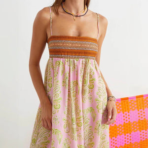 Women's Pink Maxi Dress – Woven Bodice, Patterned, Spaghetti Straps, Bohemian Chic-78360-bfbe2c7f-c9c2-48d7-8b2d-8a5ed13026a1