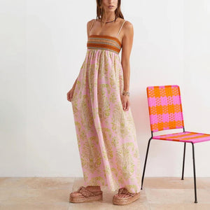 Women's Pink Maxi Dress – Woven Bodice, Patterned, Spaghetti Straps, Bohemian Chic-78360-5454a648-7d25-47b1-a28c-79f7aa1c5035