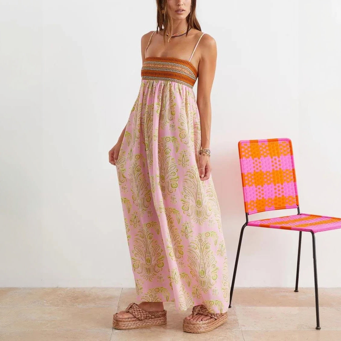 Women's Pink Maxi Dress – Woven Bodice, Patterned, Spaghetti Straps, Bohemian Chic-78360-5454a648-7d25-47b1-a28c-79f7aa1c5035