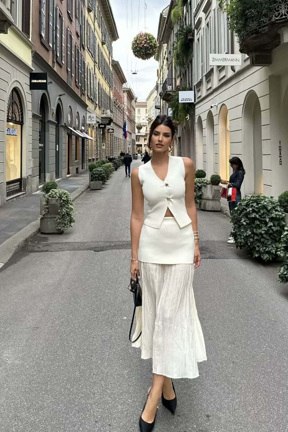 Women's Tailored V-Neck Vest & Pleated Midi Skirt Set - Gold Buttons, Layered Design, Elegant-79608-78a5b8cf-ff0b-41c0-ba87-daf7989bd6d7