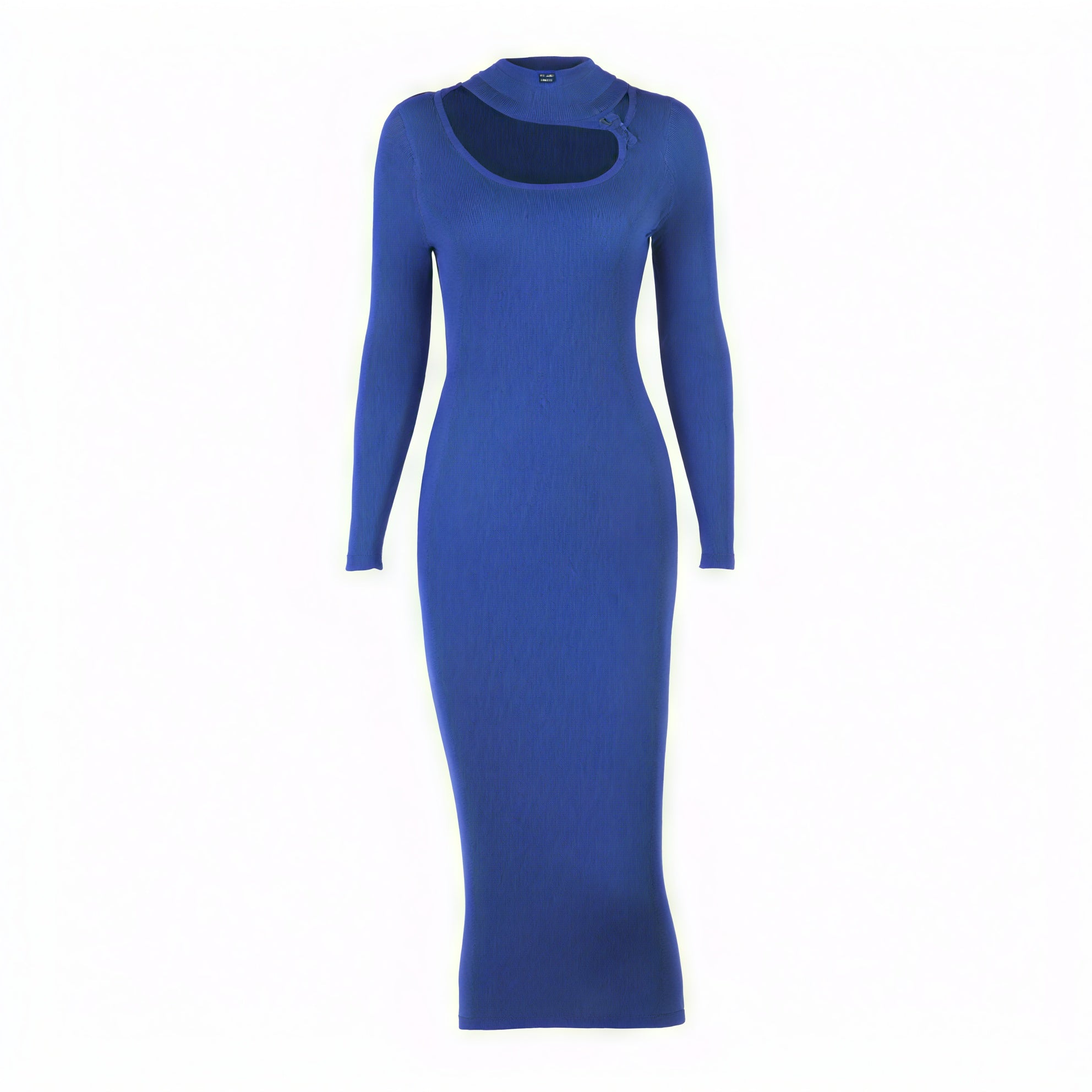 Women's Black Ribbed Knit Midi Dress – Mock Turtleneck Keyhole Cutout, Form-Fitting-79178-a803f71a-af46-4ed2-8f9a-12e7bd106f33
