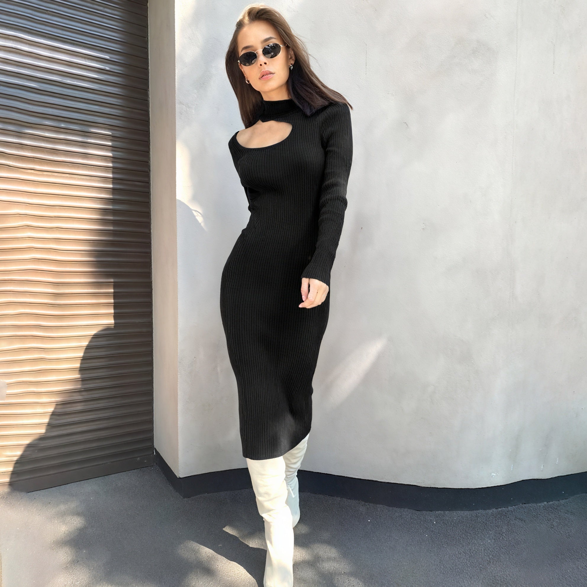 Women's Black Ribbed Knit Midi Dress – Mock Turtleneck Keyhole Cutout, Form-Fitting-79178-b3e28012-14fc-4b82-8c41-1e869bee8632