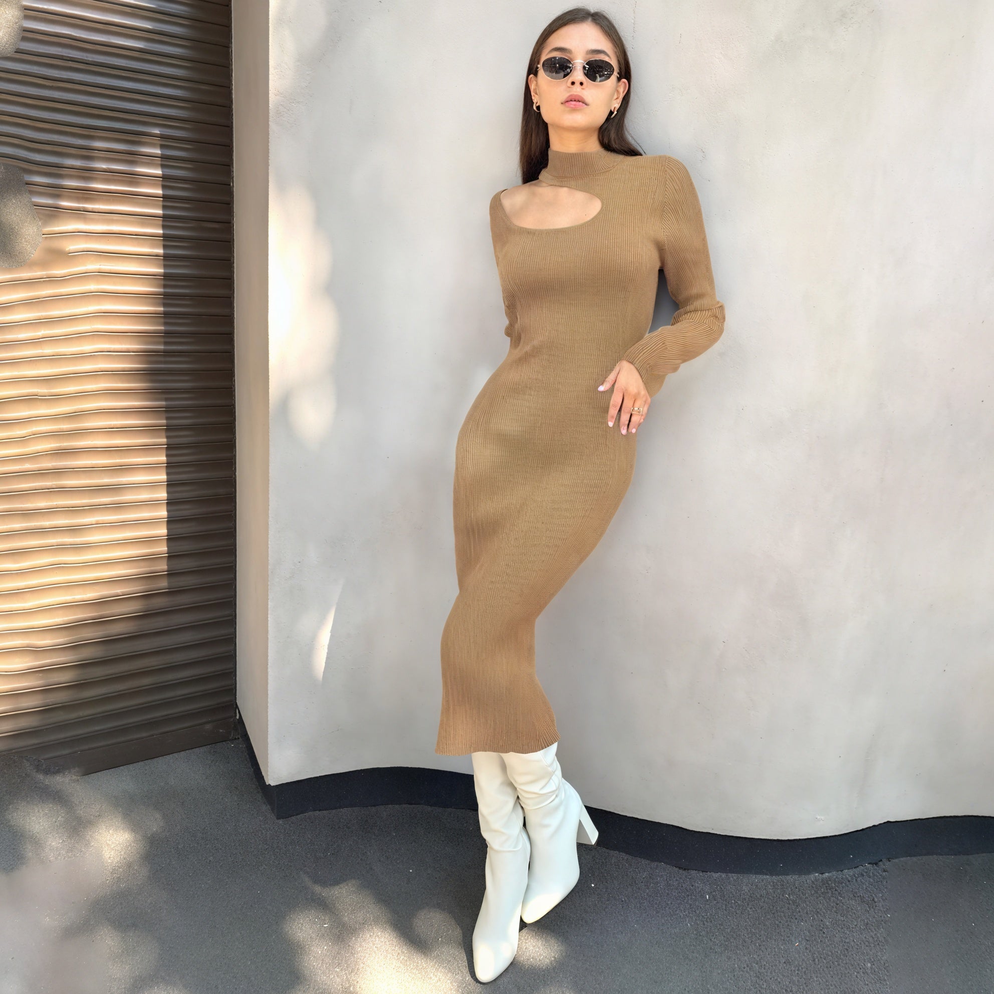 Women's Black Ribbed Knit Midi Dress – Mock Turtleneck Keyhole Cutout, Form-Fitting-79178-3d4d8754-227c-4bd5-b8f3-a2e273eb2db2