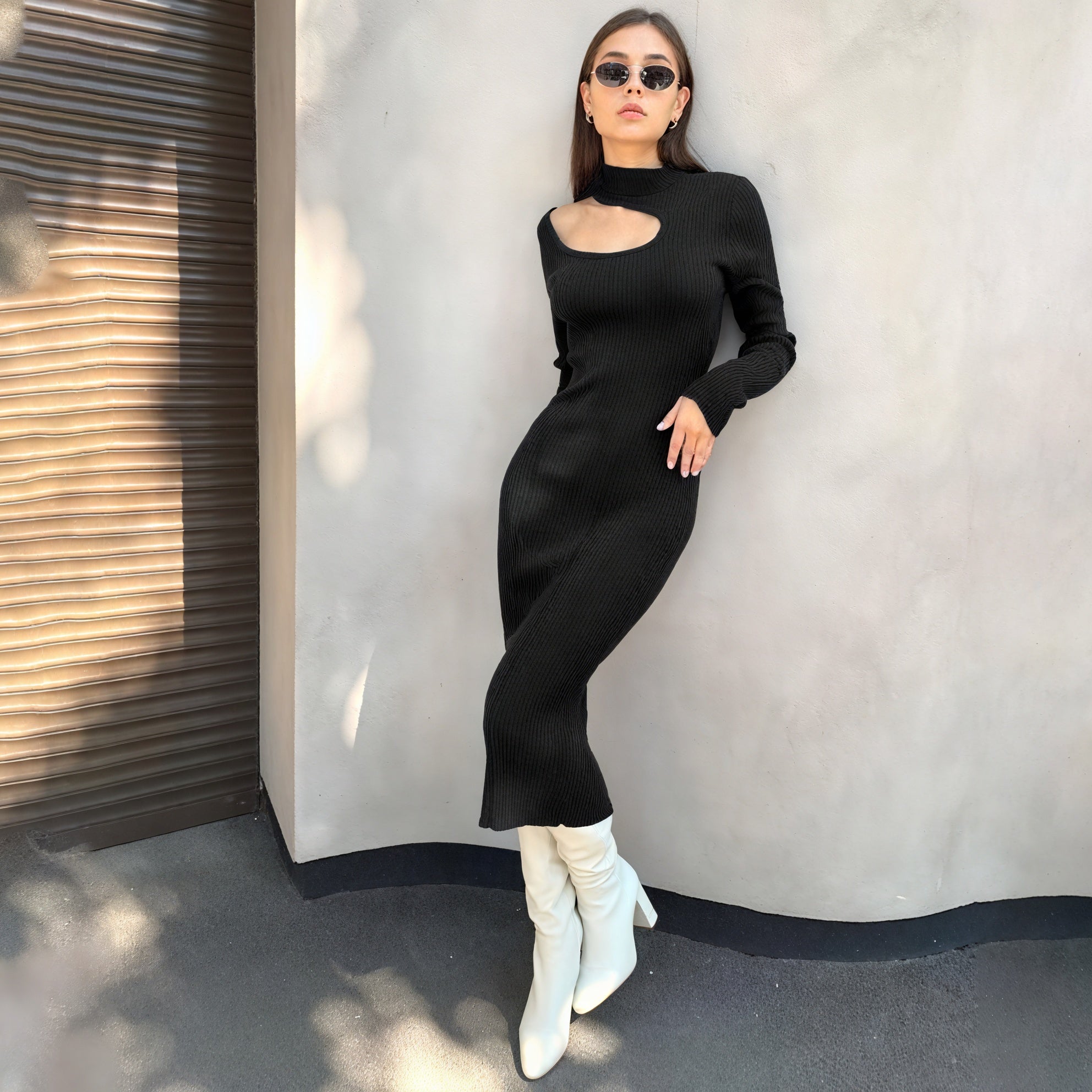 Women's Black Ribbed Knit Midi Dress – Mock Turtleneck Keyhole Cutout, Form-Fitting-79178-3f264fd3-39e9-4e98-bb26-aec0a3929025
