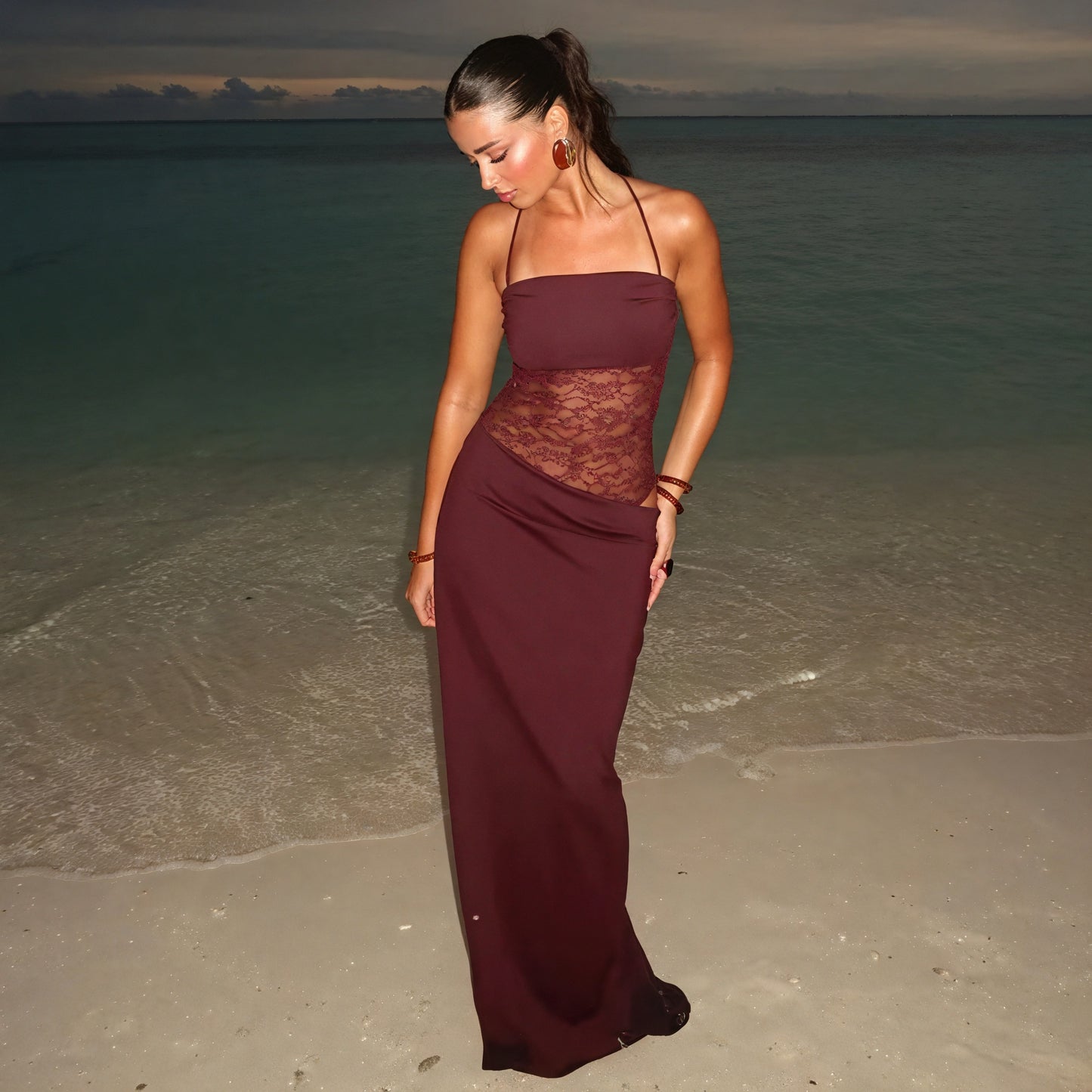 Women's Lace Bodice Maxi Dress – Corset Style, Tie Straps, Floor-Length, Black Burgundy Yellow, Sydney Wardrobe-79253-41df3c3e-e99c-42b9-ae04-c46eb686e7e9