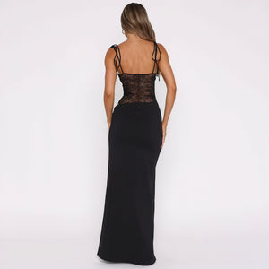 Women's Lace Bodice Maxi Dress – Corset Style, Tie Straps, Floor-Length, Black Burgundy Yellow, Sydney Wardrobe-79253-23b0da9b-6543-46d1-a73e-e175f68b0c76