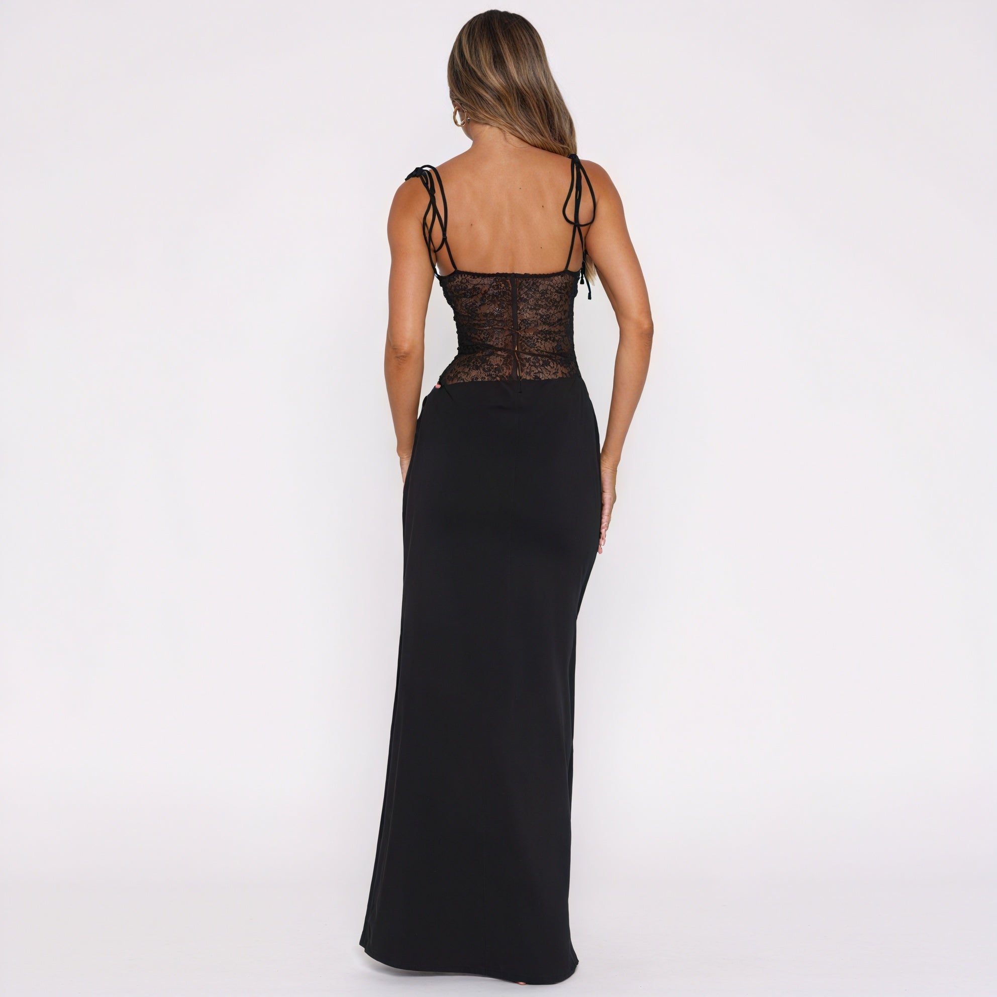 Women's Lace Bodice Maxi Dress – Corset Style, Tie Straps, Floor-Length, Black Burgundy Yellow, Sydney Wardrobe-79253-23b0da9b-6543-46d1-a73e-e175f68b0c76