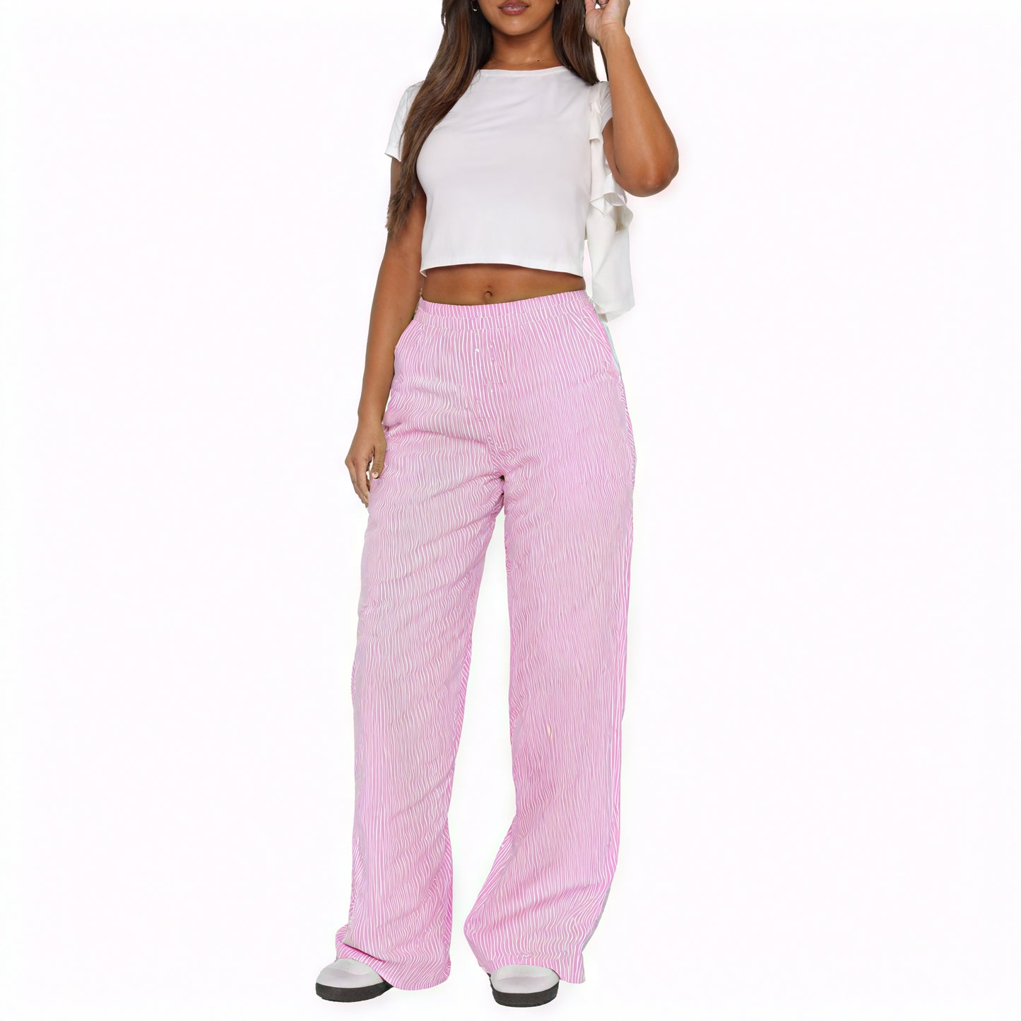 Women's Striped Wide-Leg Pants - High-Waisted Cotton Blend, Pink Blue-79430-b168075b-013f-4d04-b04b-408e7a86a0c9