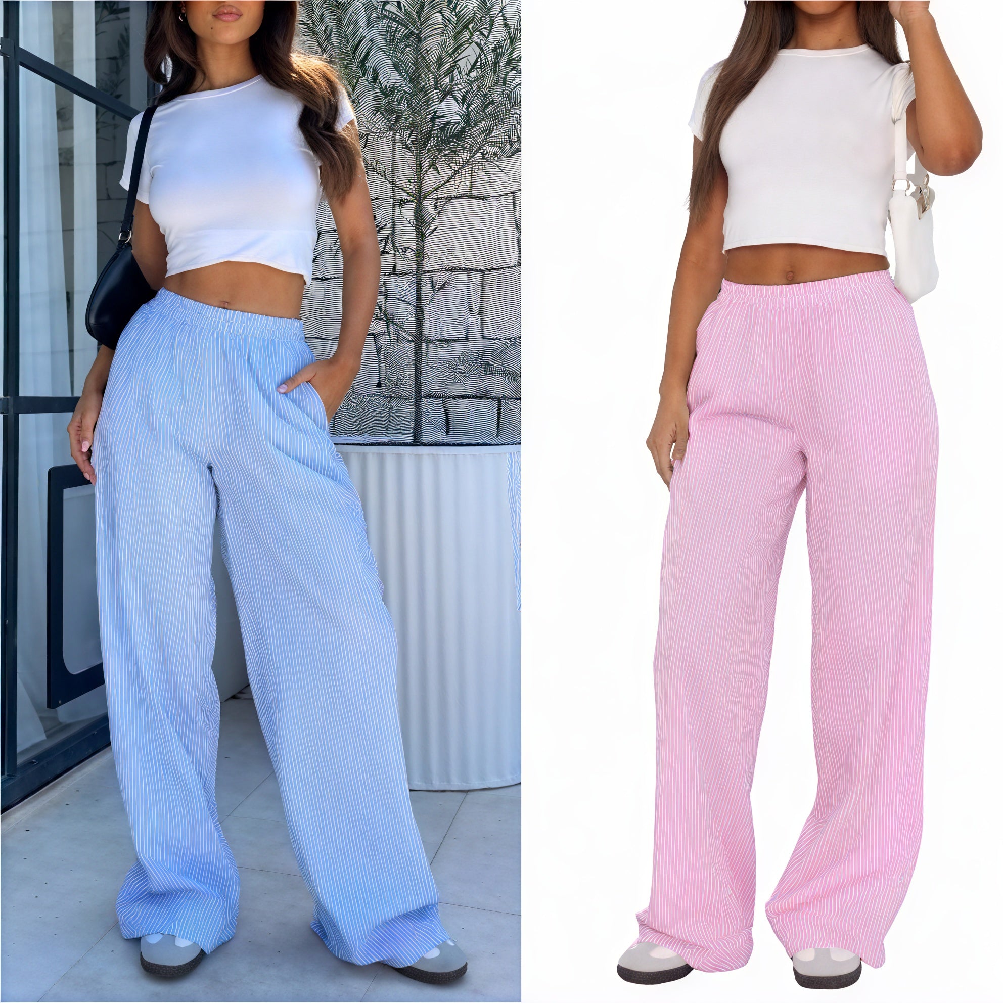 Women's Striped Wide-Leg Pants - High-Waisted Cotton Blend, Pink Blue-79430-08433735-b109-4815-b37d-7b9d3abf30c1