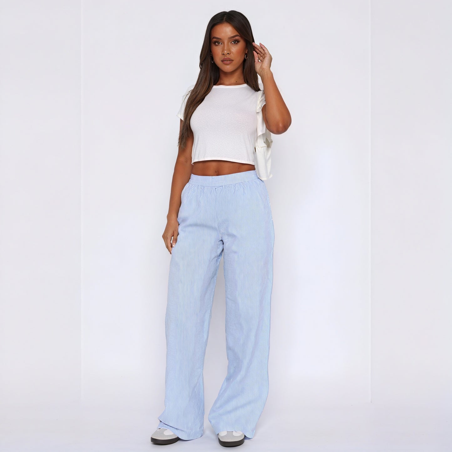 Women's Striped Wide-Leg Pants - High-Waisted Cotton Blend, Pink Blue-79430-f69de37e-0b0b-4e2b-88cd-3c59e2b79969