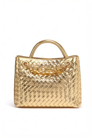 Women's Handbag – Woven Leather Structured Top Handle Gold-Toned Clasp Elegant-79605-980e3814-9e38-4769-9a7f-5c566a178ccd