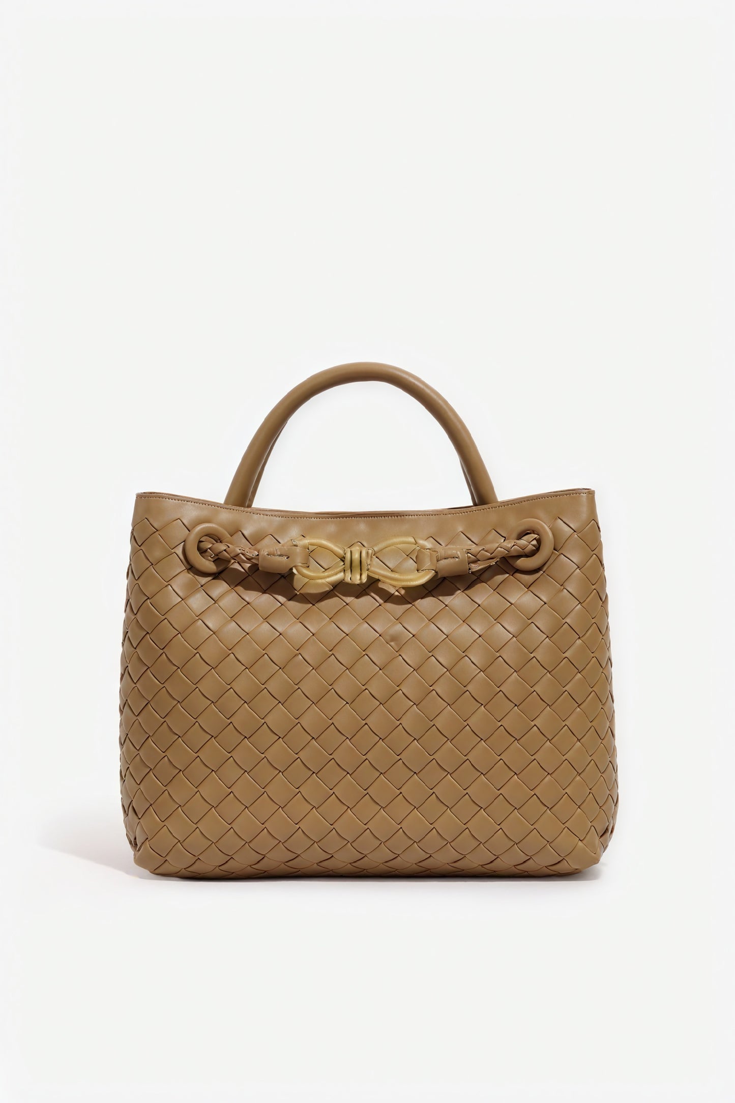 Women's Handbag – Woven Leather Structured Top Handle Gold-Toned Clasp Elegant-79605-10479e1f-fe19-4721-a89f-fe912930a262