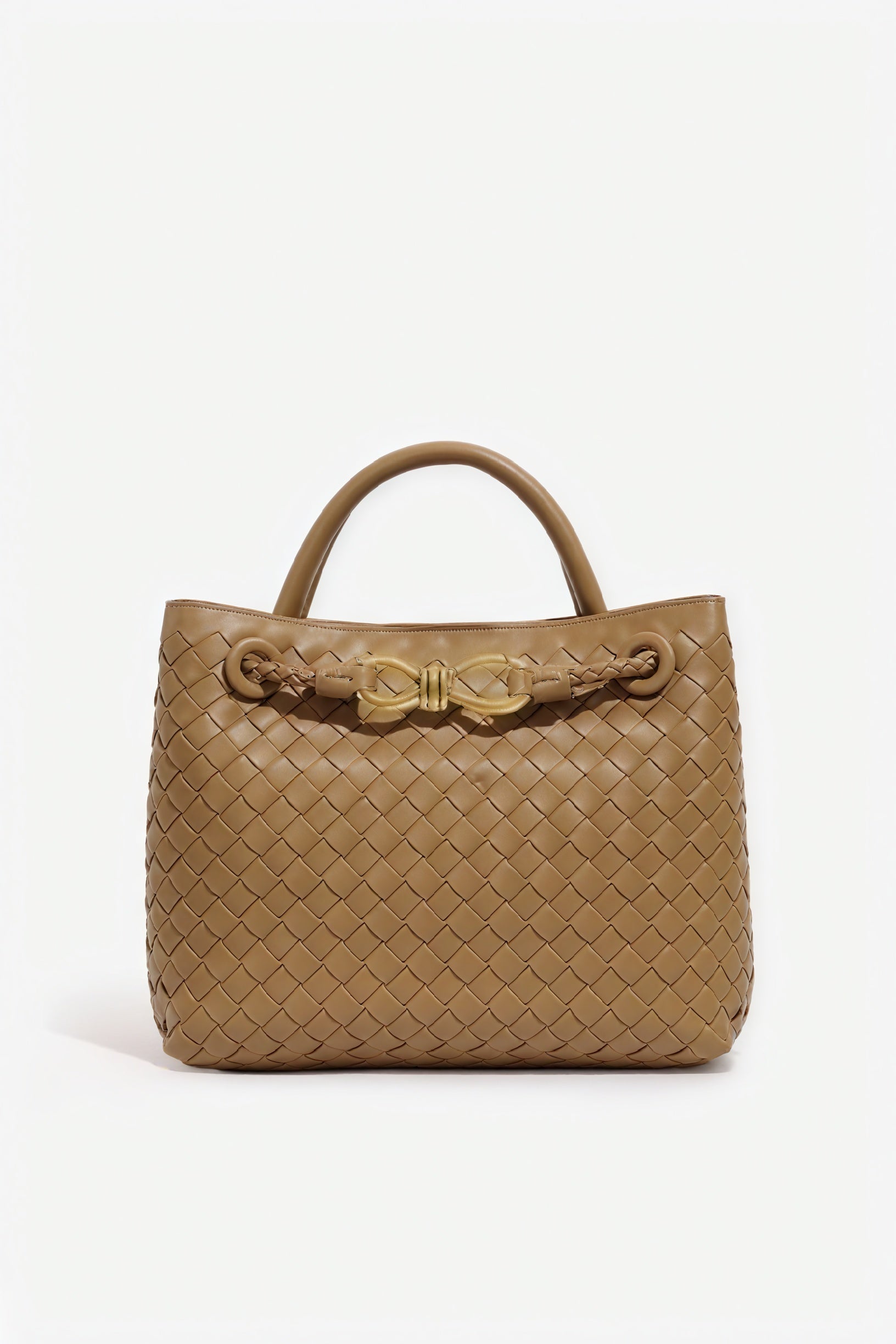 Women's Handbag – Woven Leather Structured Top Handle Gold-Toned Clasp Elegant-79605-10479e1f-fe19-4721-a89f-fe912930a262