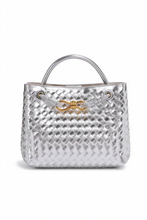 Women's Handbag – Woven Leather Structured Top Handle Gold-Toned Clasp Elegant-79605-834184d5-1878-435f-977c-badfdb4e4a59