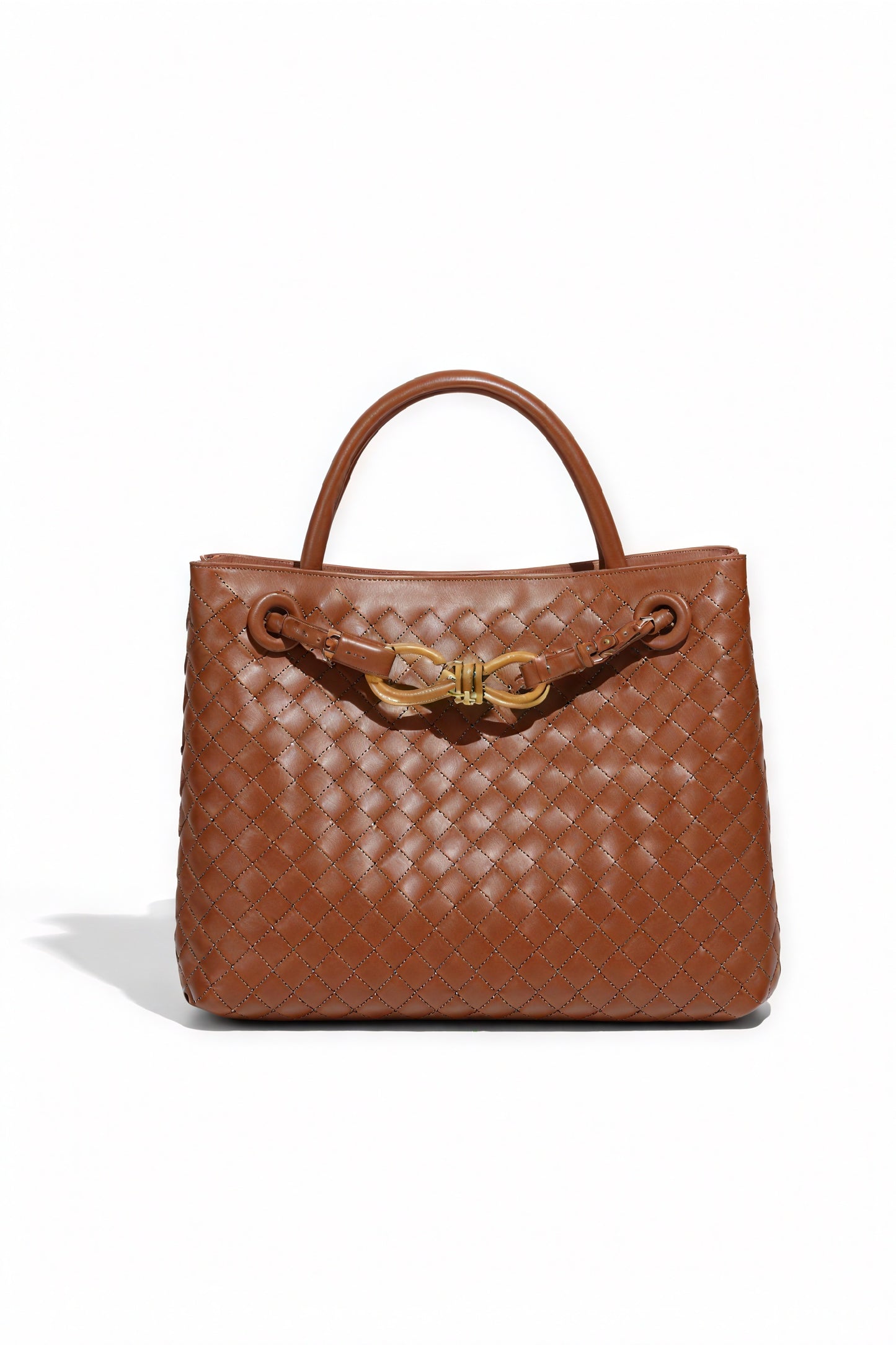 Women's Handbag – Woven Leather Structured Top Handle Gold-Toned Clasp Elegant-79605-300888ee-ce94-43fa-b1b8-01dae7bbd936
