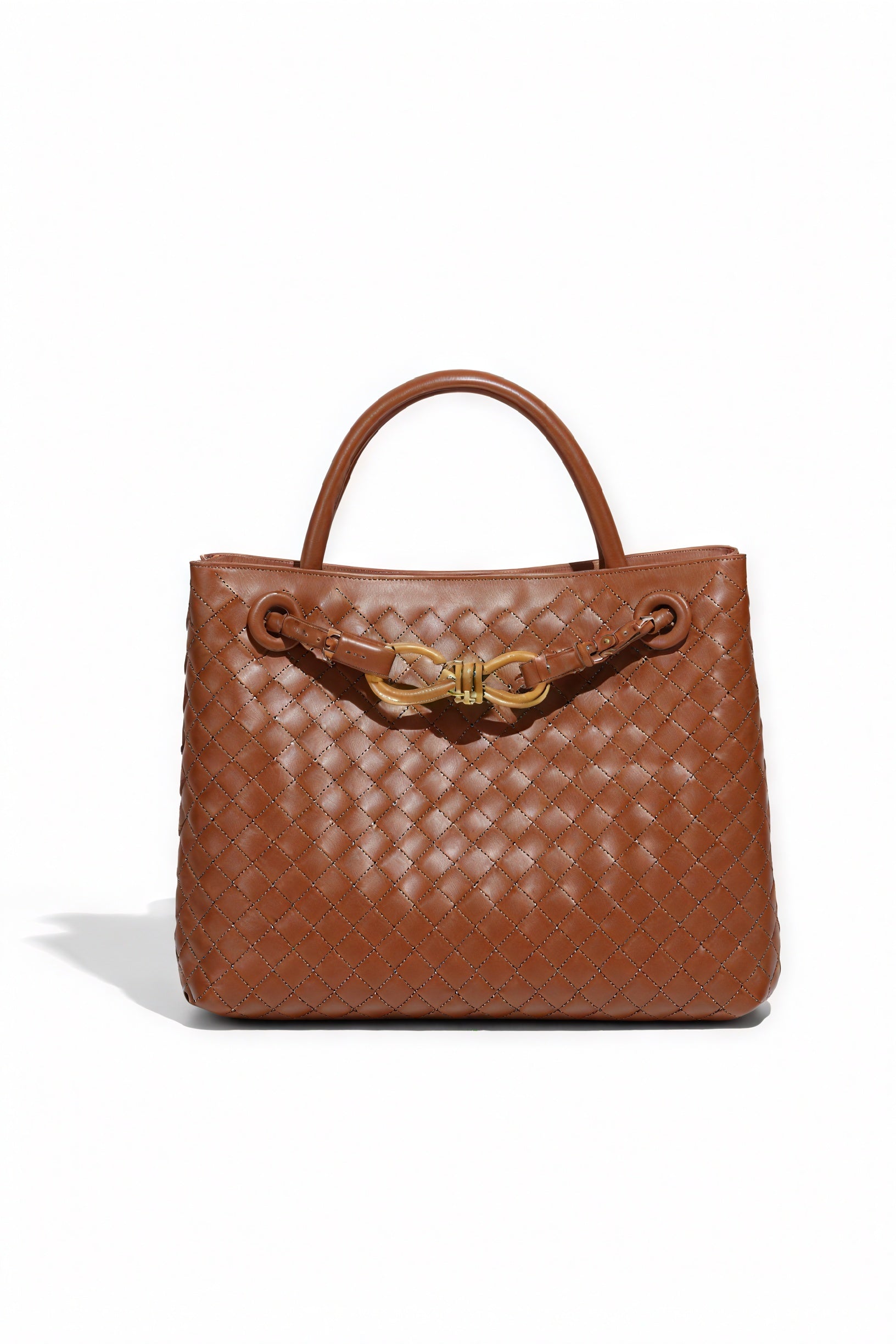 Women's Handbag – Woven Leather Structured Top Handle Gold-Toned Clasp Elegant-79605-300888ee-ce94-43fa-b1b8-01dae7bbd936