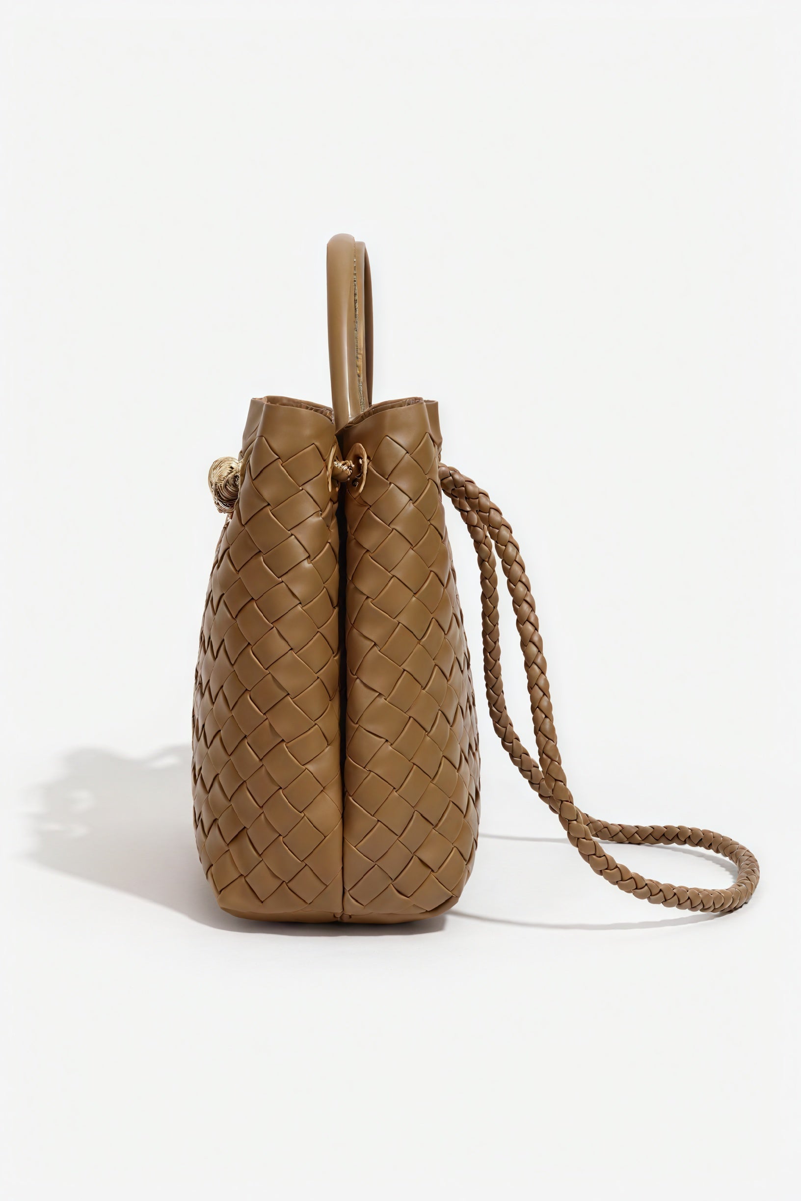 Women's Handbag – Woven Leather Structured Top Handle Gold-Toned Clasp Elegant-79605-a675808c-a372-488b-a22a-40562999a551