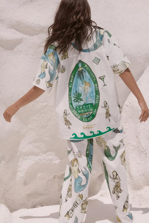 Women's Printed Pajama Set – Mermaid Print, Button-Down Shirt & Pants-79730-b771e91a-e5f1-4e29-819e-4a47e5a961fc