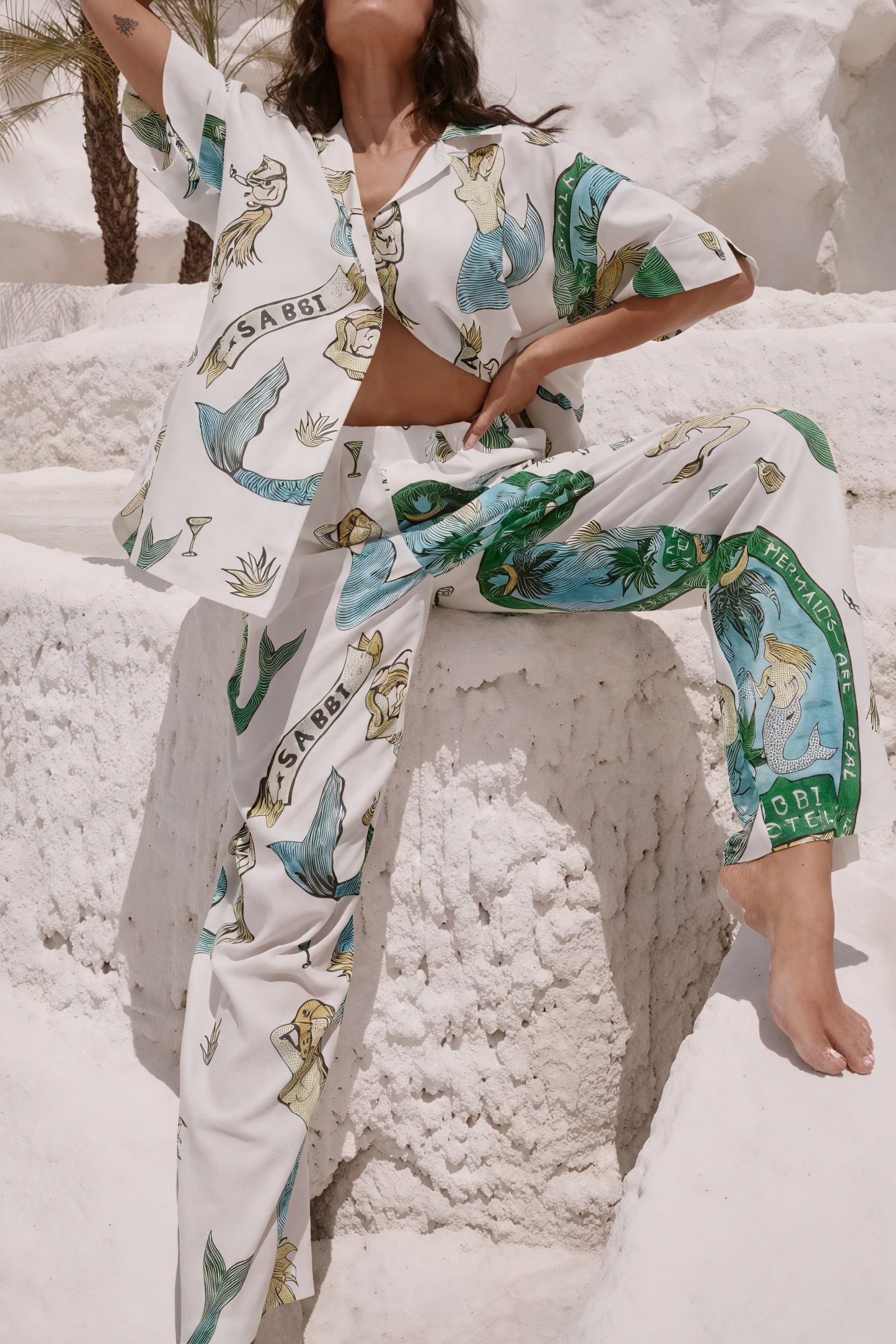 Women's Printed Pajama Set – Mermaid Print, Button-Down Shirt & Pants-79730-9ea72431-56c0-444c-b27a-57abb7a5e307