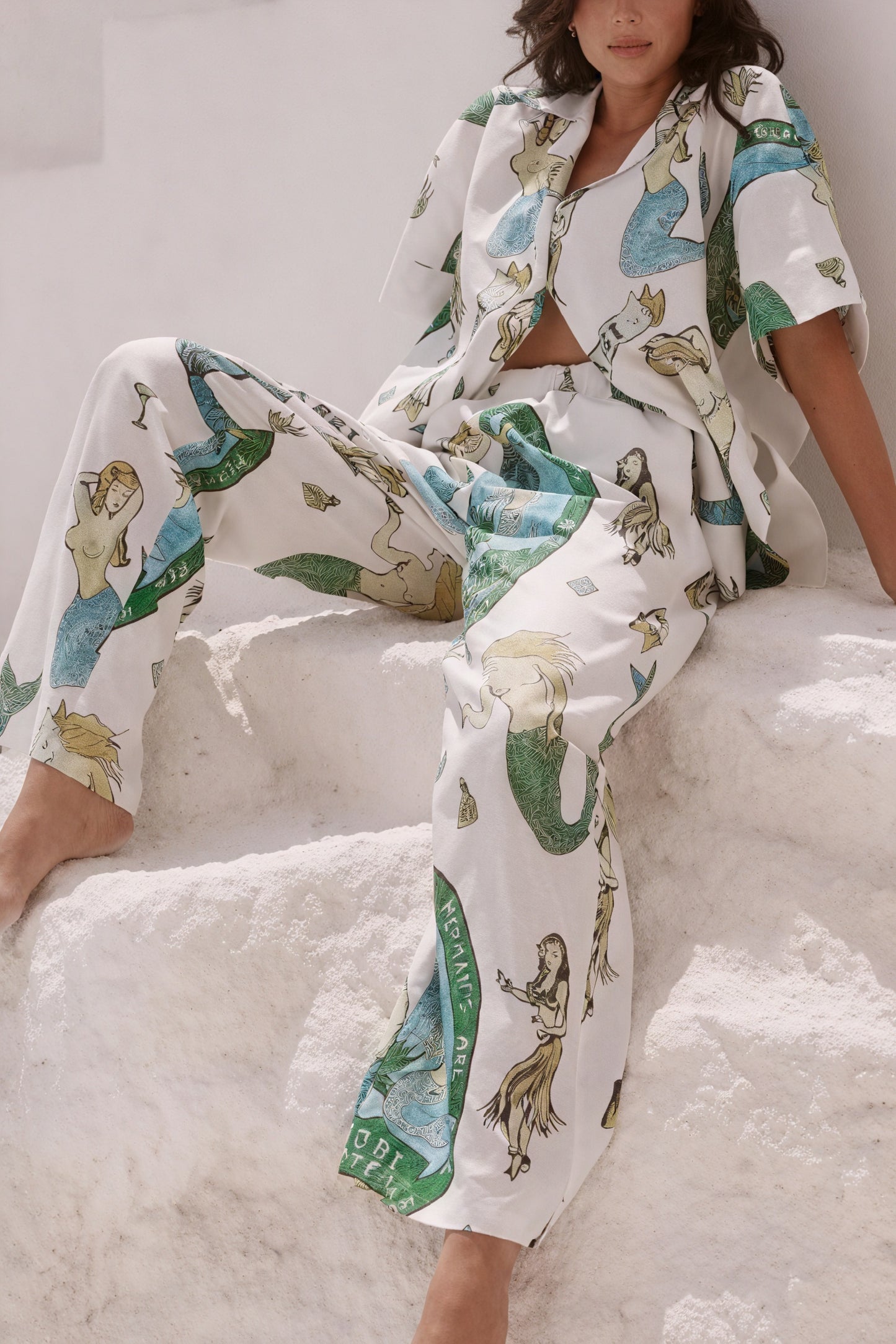 Women's Printed Pajama Set – Mermaid Print, Button-Down Shirt & Pants-79730-319d0b7d-d683-4f5c-9e07-db9048508601