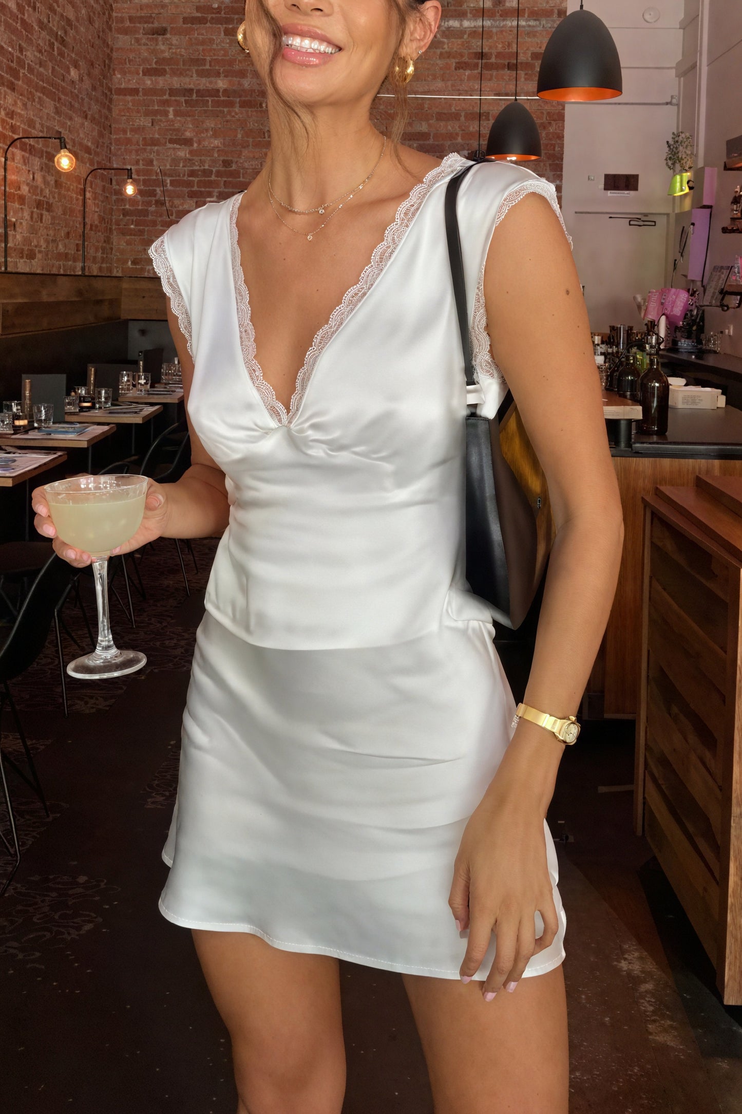 Women's White Satin Mini Dress with Lace V-Neck, Elegant Style-79810-7ba30ba5-7256-40e9-a5f0-5b02277be16b