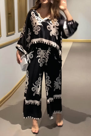 Women's Black Silk Floral Sleepwear Set – Wide-Leg Pants, Flared Sleeves, V-Neck-79821-8819db4e-d6b7-4faf-955c-a3b1e042cca8
