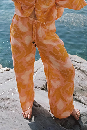 Women's Pajama Set – Orange Abstract Print, Lightweight Cotton Blend, Wide-Leg-79825-b45d714c-90b2-4825-927e-e2ad3c4246d8