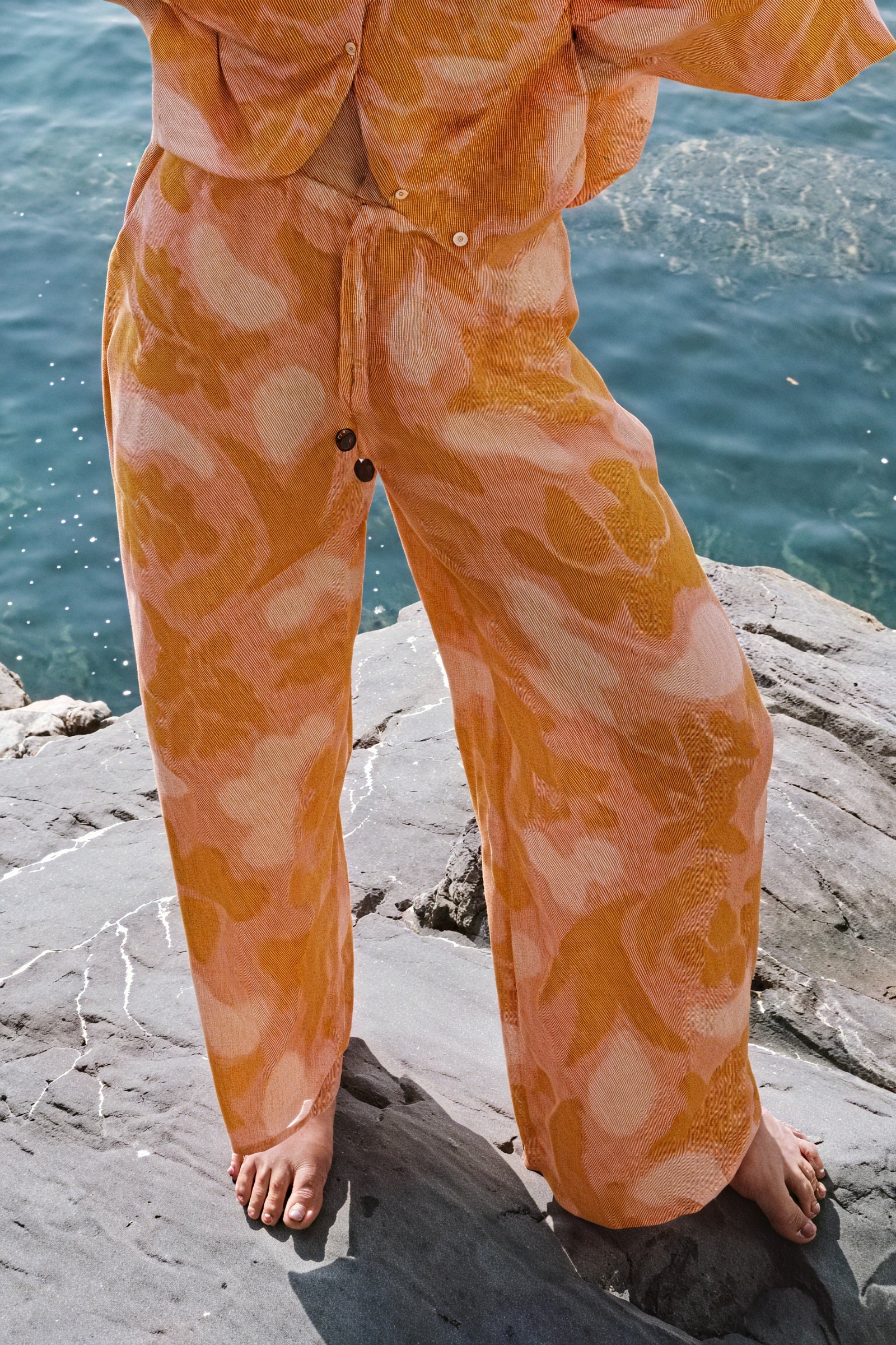 Women's Pajama Set – Orange Abstract Print, Lightweight Cotton Blend, Wide-Leg-79825-b45d714c-90b2-4825-927e-e2ad3c4246d8