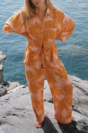 Women's Pajama Set – Orange Abstract Print, Lightweight Cotton Blend, Wide-Leg-79825-7b26b4a1-5cb9-4ae0-980f-8b896af47a6a