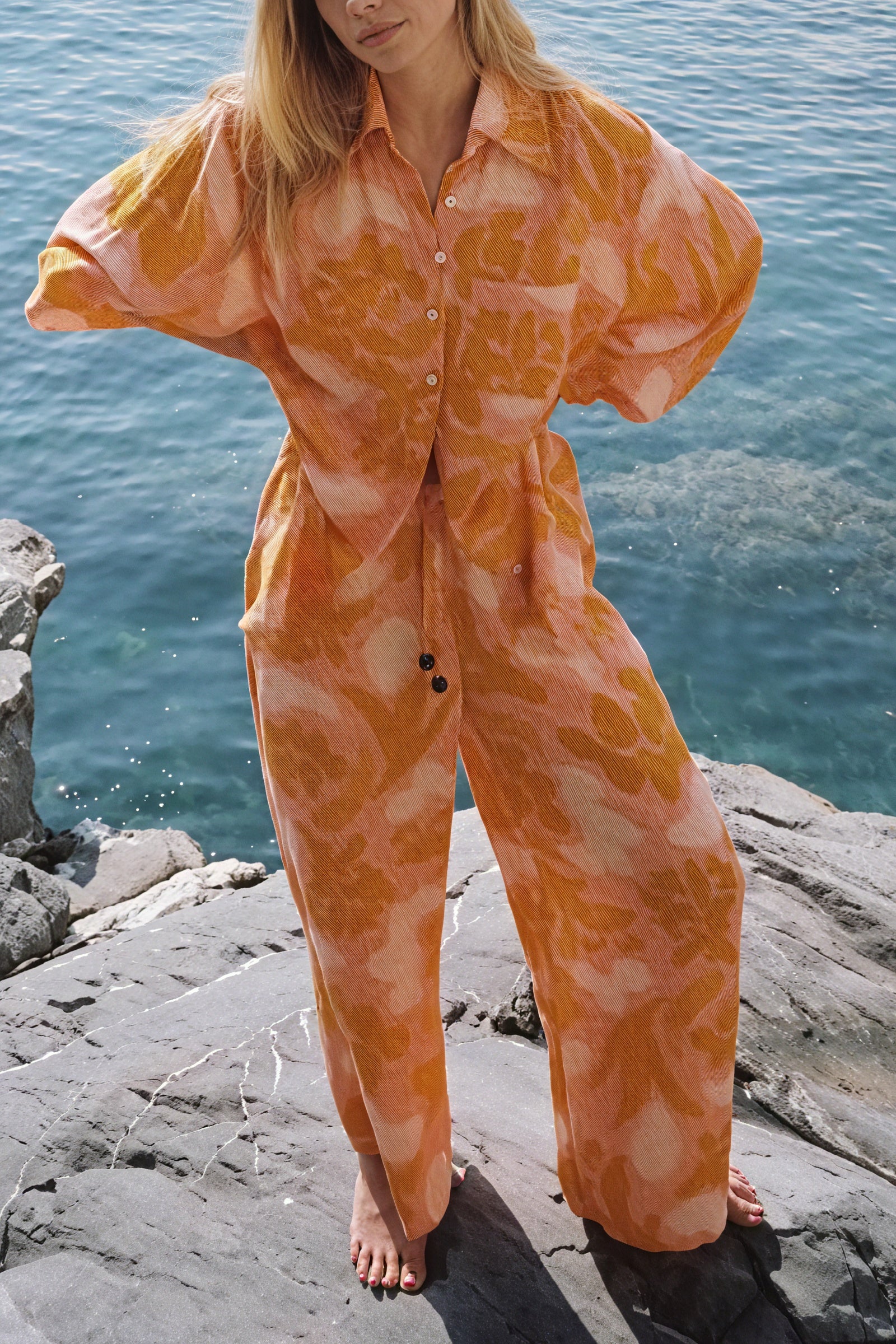 Women's Pajama Set – Orange Abstract Print, Lightweight Cotton Blend, Wide-Leg-79825-7b26b4a1-5cb9-4ae0-980f-8b896af47a6a