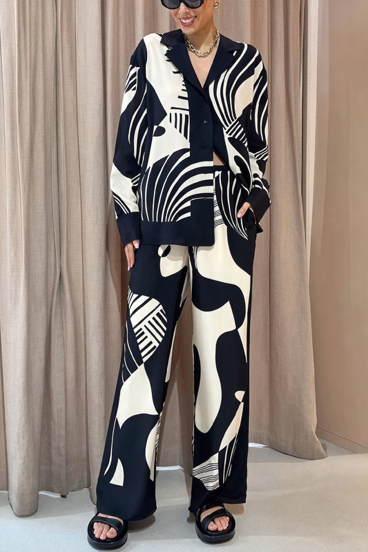Women's Black White Abstract Pattern Suit – Wide-Leg, Silk Blend, Button-Down-79833-60d63ed9-5bd5-4b38-aa68-419554dc3ccf